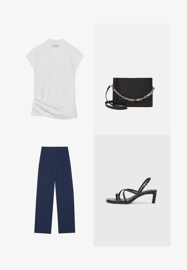 White short-sleeve blouse with a wrap design, featuring subtle draping at the hem and a smooth, soft texture. Label reads "ANNA FIELD."; Navy blue wide-leg pants made of soft fabric, featuring front pleats, a smooth texture, and a straight fit with no visible pockets.; Black strappy sandal with a square toe and a low block heel. Features multiple thin straps and an adjustable ankle strap. Made of smooth leather.; Black leather crossbody bag featuring a smooth texture, rectangular shape, and a metallic chain detail on the front. Adjustable strap included.