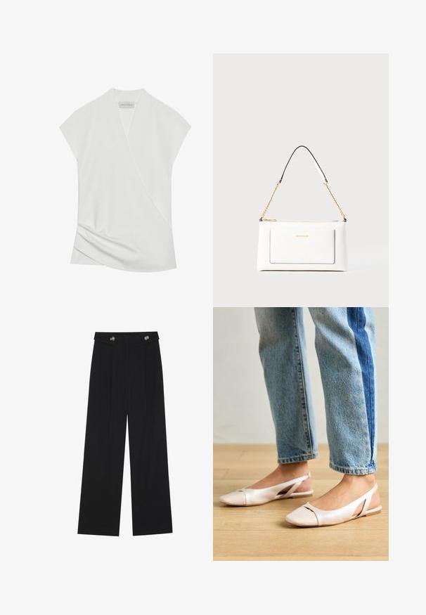 Weiße Bluse mit kurzen Ärmeln und Wickeldesign, mit sanften Drapierungen am Saum und einer glatten, weichen Textur. Etikett trägt den Schriftzug "ANNA FIELD."; Schwarze weite Hosen mit hoher Taille, Knopfdetails am Bund und vorderen Falten.; Blassrosa Slingback-Ballerinas mit spitzem Punkt, aus einem glatten, lederähnlichen Material. Mit Ausschnitten an den Seiten und einem flachen Absatz.; Weißes Lederhandtasche mit strukturierter Oberfläche, ausgestattet mit einem goldenen Kettenriemen und schwarzen Akzenten. Enthält eine Fronttasche und einen Reißverschluss.