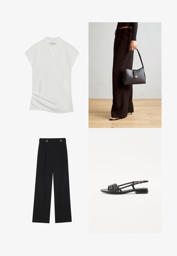 Biela blúzka s krátkym rukávom a prehodeným dizajnom, s nenápadným drapovaním na leme a hladkou, jemnou textúrou. Odznak s nápisom "ANNA FIELD."; Čierne široké nohavice s vysokým pásom, so zapínaním na gombíky na páse a prednými sklady.; Čierne ploché sandále so šnurovacím dizajnom, obsahujúce viaceré kožené pásiky a tenký remienok na členku. Podrážka je plochá a obdĺžniková.; Čierna kabelka so štruktúrovaným tvarom, hladkou textúrou a kovovou sponou. V kombinácii so širokými čiernymi nohavicami a sandálmi s otvorenou špičkou na drevenej podlahe.