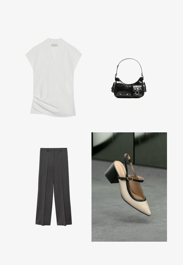 Bijela bluzica kratkih rukava s preklopnim dizajnom, koja ima suptilno drapiranje na rubu i glatku, mekanu teksturu. Oznaka glasi "ANNA FIELD."; Sive široke hlače sa glatkom teksturom, plisiranim prednjim dijelom i petljama za remen. Napravljene od lagane tkanine.; Bež cipele s otvorenom petom i šiljastim vrhom, crnim obrubom, zlatnom kopčom i debelim blok-petom na sivom podu s tamnozelenom pozadinom.; Crna patentna kožna torba s zakrivljenim oblikom, jednim remenom za rame, prednjim džepovima i akcentima od srebrnog tona.