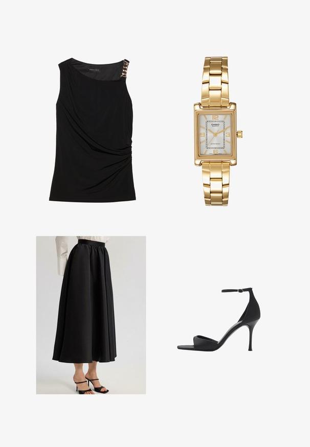 Zwart mouwloos topje met verzameld stof, met een soepele halslijn en een decoratieve gouden kettingaccent op de linker schouder.; Zwarte maxi-rok van gladde stof, met een geraffineerde tailleband en vloeiende uitstraling, gecombineerd met zwarte sandaaltjes met bandjes.; Mango Sandalen met hoge hak - black; Gouden rechthoekige polshorloge met een witte wijzerplaat, zilverkleurige uurmarkeringen en een duurzame metalen schakelarmband. Inclusief waterdichte functie.