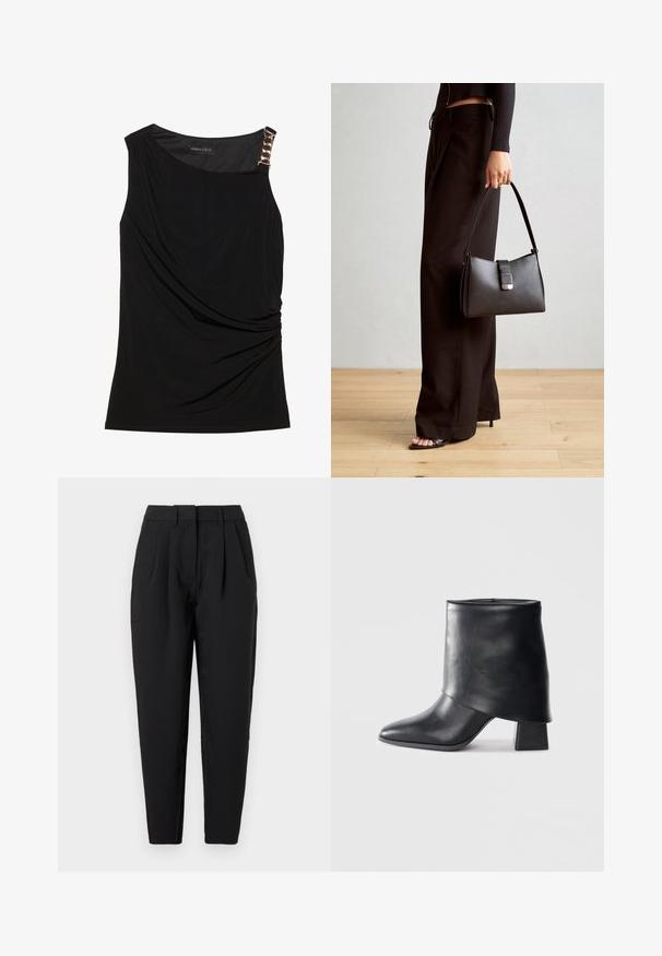 Fekete ujjatlan felső, ráncolt anyaggal, sima dekoltázzsal és díszes arany lánccal a bal vállon.; Fekete nadrág egyenes szabással, elöl redőkkel, sima textúrával és oldalsó zsebekkel. A derékpánt standard magasságú.; Fekete bőr bokacsizma, hegyes orral, sima felülettel és strukturált blokk sarokkal. Magas, hajtott szegéllyel rendelkezik.; Fekete kézi táska strukturált formával, sima textúrával és fémből készült záródással. Széles fekete nadrággal és nyitott orrú szandállal párosítva, fából készült padlón.