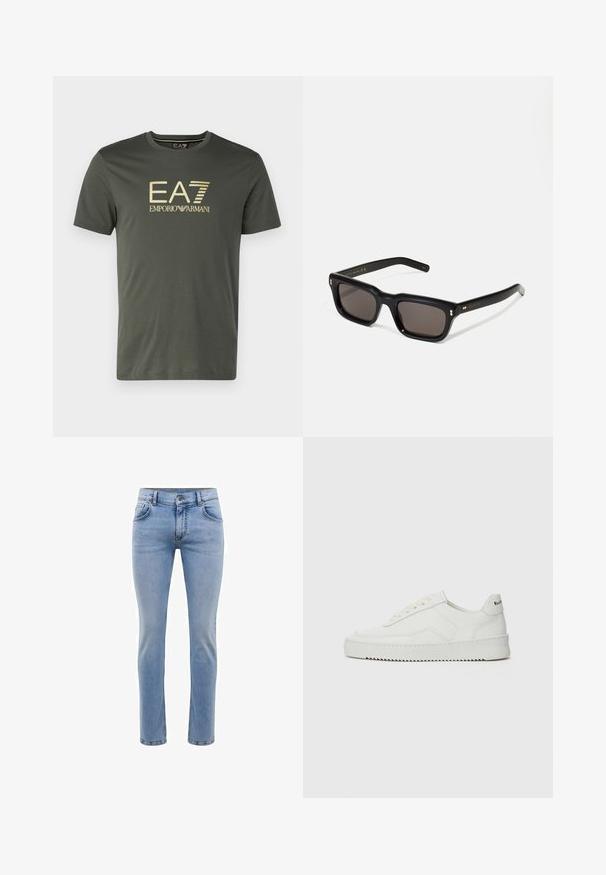 Olivově zelené pánské tričko vyrobené z bavlny, s kulatým výstřihem a zlatým logem "EA7 Emporio Armani" na přední straně. Krátké rukávy.; Svetle modré džíny z denimu s úzkým střihem, pět kapsami a rovnými nohavicemi. Obsahují zip a poutka na opasek. Měkká textura.; Bílé kožené tenisky s hladkým povrchem, kulatou špičkou, plochými tkaničkami a texturovanou podrážkou. Na patě se nachází nenápadné logo.; Černé obdélníkové sluneční brýle s tmavými skly, silným plastovým rámem, zlatými akcenty na spáncích a vyrytým logem značky na nožičce.