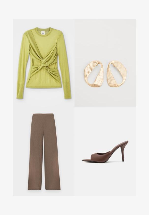 Długi rękaw top w jasnozielonym materiale, z detalami w postaci skręconego węzła w pasie oraz okrągłym dekoltem. Gładka tekstura, dopasowany krój.; Luźne brązowe spodnie z szerokimi nogawkami, z płaskim paskiem bez widocznych kieszeni ani zapięć, prezentowane na białym tle.; Brązowe skórzane klapki na wysokim obcasie z odkrytymi palcami o eleganckim wzornictwie, z szerokim przednim paskiem i smukłym obcasem typu stiletto.; Para nieregularnych, owalnych kolczyków ze złotego metalu o teksturowanej, lekko młotkowanej powierzchni na białym tle.