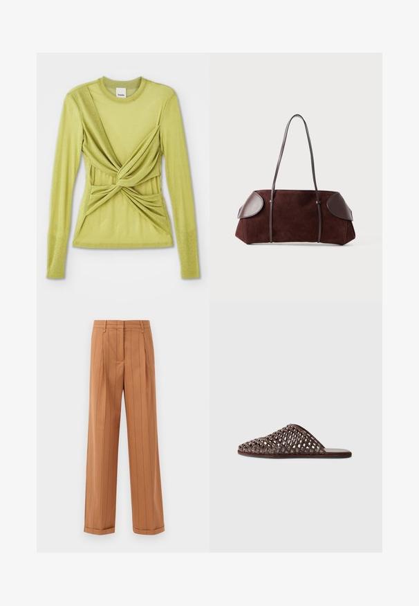 Langärmliges Oberteil aus leicht grünem Stoff, mit verdrehten Knotendetails an der Taille und einem Rundhalsausschnitt. Glatte Textur, enganliegendes Design.; Braune Nadelstreifenhose mit maßgeschneidertem Design, versehen mit Falten, geradem Schnitt und umgeschlagenem Saum. Hergestellt aus einem glatten Stoff.; Braune gewobene Rutsch-Sandale mit abgerundeter Zehe, offenem Design, flacher Sohle und texturierter Oberfläche. Leichtes Material und minimalistisches Silhouette.; Braune Wildledertasche mit Lederakzenten, strukturiertem Design, doppelten Schulterriemen und abgerundeten Kanten, ausgestattet mit einer glatten Textur und minimalem Hardware.