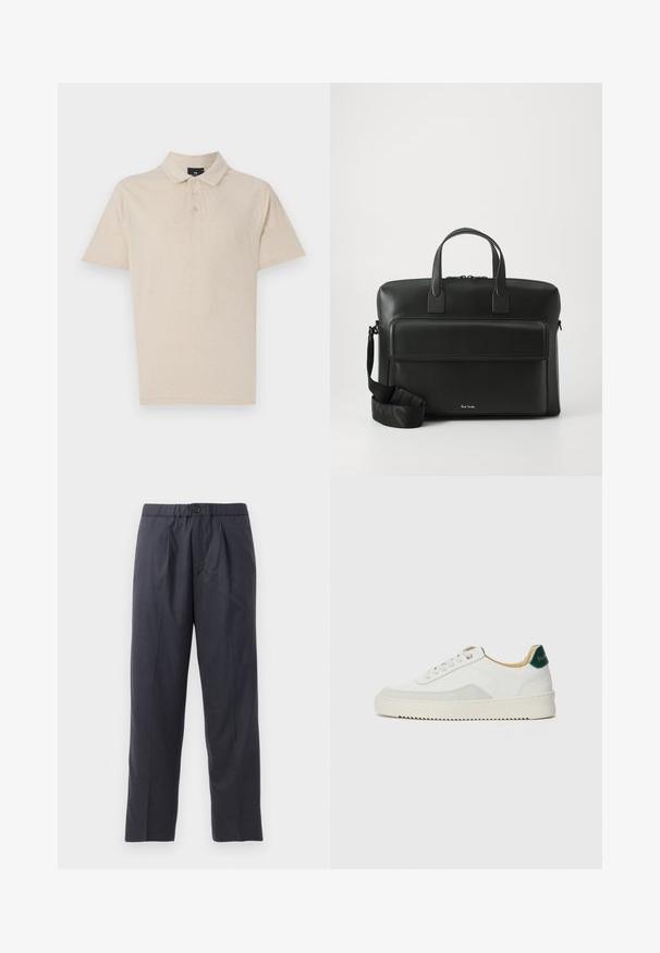 Beige polo skjorte lavet af blød bomuldsblanding, med en klassisk krave, tre knaplukninger og korte ærmer. Simpelt og alsidigt design.; Mørkeblå bukser lavet af blødt stof med plisseret frontdesign og elastisk talje. Funktioner en knappelukning og lige ben.; Hvide sneakers med ruskindsdetaljer, rund tå, flade snørebånd og en cremet gummisål. Har grøn branding på hælen.; Sort læder arbejdstaske med dobbelte top-håndtag, en lomme foran og en aftagelig rem, der har subtil branding i bunden.