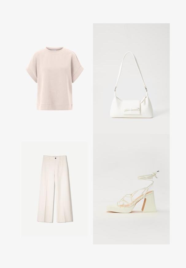 Jasnoróżowy sweatshirt z krótkimi rękawami zrolowanymi, okrągłym dekoltem, miękką teksturą i luźnym krojem. Posiada prosty dół.; Kremowe spodnie szerokie z dopasowanym krojem, z dwoma przednimi kieszeniami i pojedynczym zapięciem na guzik z przodu, wykonane z gładkiego materiału.; Biała sandał na wysokim obcasie z masywnym słupkiem, z paskowym wzorem i wiązaniem przy kostce. Gładka faktura z platformą z przodu dla dodatkowej wysokości.; Biała syntetyczna torba o trójkątnym kształcie, płaskim przednim klapce i detalach w postaci kokardy, regulowanym pasku, gładkiej fakturze oraz minimalistycznym designie.