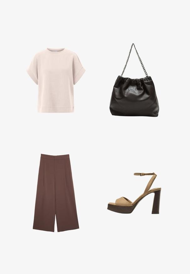 Svetlo roza dukserica s kratkimi zavitimi rokavi, okroglo izrezom, mehko teksturo in ohlapnim krojem. Ima ravno spodnjo roba.; Rjave široke hlače z gladko teksturo, ki imajo visok pas in sprednje naborke. Tkanina je lahka in prosto pada.; Bež semiš sandali na visoki peti z širokim sprednjim trakom in trakom okoli gležnja, opremljeni z debelim lesenim blokom peto z teksturirano površino.; Rjava usnjena torba z nabranim vrhom in verižnim trakom. Gladka tekstura z sijajno površino in subtilnimi šivi na straneh.