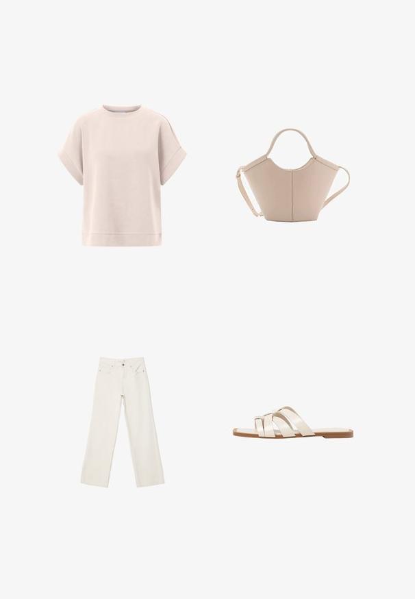 Svetlo ružový sveter s krátkymi rolovanými rukávmi, okrúhlym výstrihom, jemnou textúrou a voľným strihom. Má rovný spodný lem.; Biele široké rifle vyrobené z denimu, s vysokým pásom, prednými vreckami a zapínaním na gombík. Čistý dizajn s minimálnymi akcentmi.; Ploché sandále s hnedou gumovou podrážkou, navrhnuté s tromi prekrývajúcimi sa bielymi koženými popruhmi a malou mašličkou uprostred.; Béžová kožená kabelka s unikátnym tvarom, vybavená dvoma krátkymi uchami a jedným dlhým nastaviteľným popruhom. Hladký povrch s minimálnym kovovým príslušenstvom.