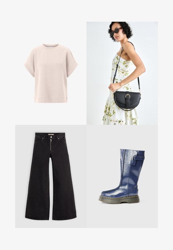 Svijetloružičasti dukserica s kratkim rukavima, okruglim izrezom, mekanom teksturom i slobodnim krojem. Ima ravni rub na dnu.; Široke traperice od crnog denima s prednjim zatvaračem, dizajnom s pet džepova i suptilnim detaljima šivanja. Glatka tekstura i ležeran stil.; Plave, sjajne čizme do koljena s okruglim prstom, bočnim patentnim zatvaračem i vertikalnim šavovima. Imaju debeli, crni platforma potplat s žutim šavovima.; Crna kožna torba s lukovitim oblikom, odvojivim remenom i zlatnim detaljima. Torba ima preklop s kopčom.