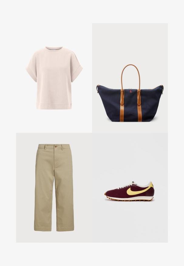 Light pink sweatshirt with short rolled sleeves, round neckline, soft texture, and loose fit. Features a straight hem at the bottom.; Beige cotton trousers with a straight cut, featuring a button closure and side pockets, finished with clean hems and a smooth texture.; Maroon sneaker with yellow swoosh, white laces, and a textured fabric upper. Gum sole with ridged pattern. Classic running shoe design.; Navy canvas duffel bag with tan leather straps, zip closure, and small red logo detail on the front, featuring a wide, spacious design.