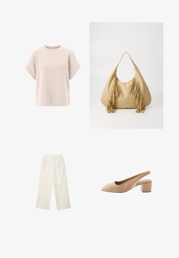 Světle růžová mikina s krátkými ohrnutými rukávy, kulatým výstřihem, měkkou texturou a volným střihem. Má rovný lem na spodní části.; Široké kalhoty z krémové látky s hladkým povrchem, s jediným předním knoflíkem, jemnými skladbami a vysokým pasem.; Beige lodičky na podpatku se špičatou špičkou, vyrobené z hladké kůže. Mají blokový podpatek a kontrastní panel na boku.; Hnědá velurová kabelka přes rameno s velkým otvorem a dlouhými třásněmi po obou stranách, s hladkým povrchem a jedním držadlem.