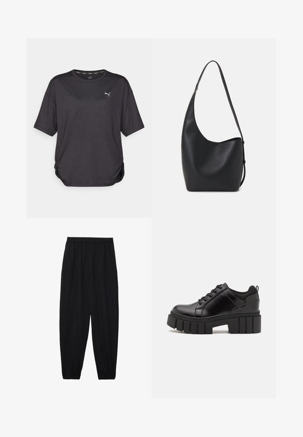 Puma STUDIO TWIST TEE - Camiseta deportiva - black; Pantalones negros, ligeros, con cintura elástica y tobillos fruncidos. La tela es suave y presenta un diseño relajado y ajustado.; Zapatos de plataforma de cuero negro con un tacón cuadrado grueso, punta redonda y diseño tradicional de cordones. Presenta una textura suave y un detalle minimalista.; Bolso tipo hobo de cuero negro con una textura suave, forma curvada y una sola correa ajustable; presenta una amplia apertura en la parte superior.