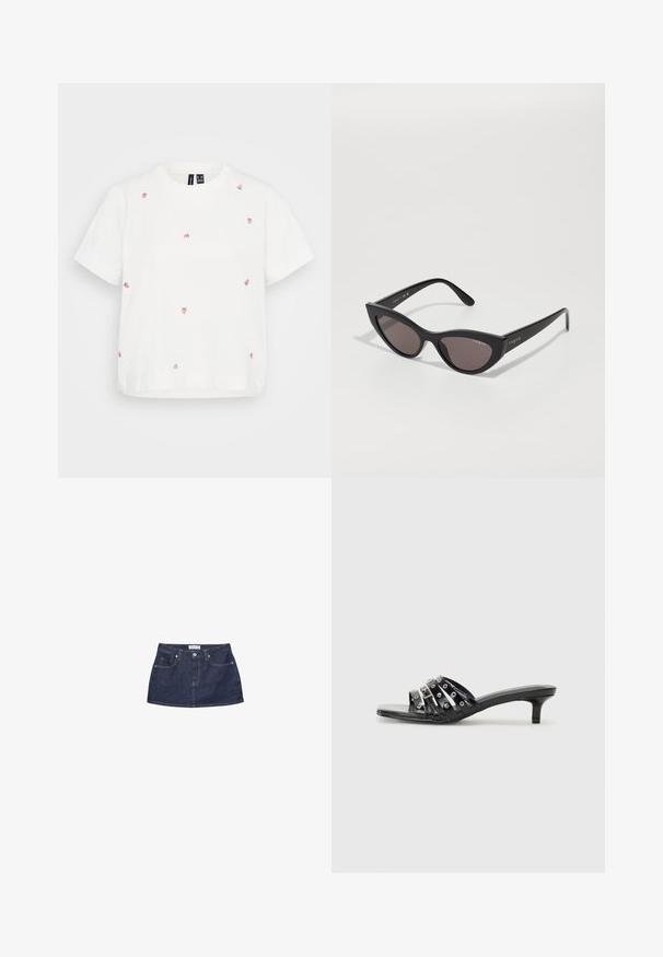 White cotton t-shirt with short sleeves featuring multiple embroidered small strawberries in pink and green. Relaxed fit, crew neckline.; Denim mini skirt in dark blue with a fitted waist, front pockets, and a metal button closure. Smooth texture and classic cut.; Black heeled sandals with multiple glossy straps and metallic accents, featuring a pointed toe and modest kitten heels. Smooth texture.; Cat-eye sunglasses with a matte black frame and dark lenses, featuring "vogue" branding on the side and a distinctive angular shape.; Black woven shoulder bag with a smooth leather strap and zipper closure. Features a textured surface and curved shape.