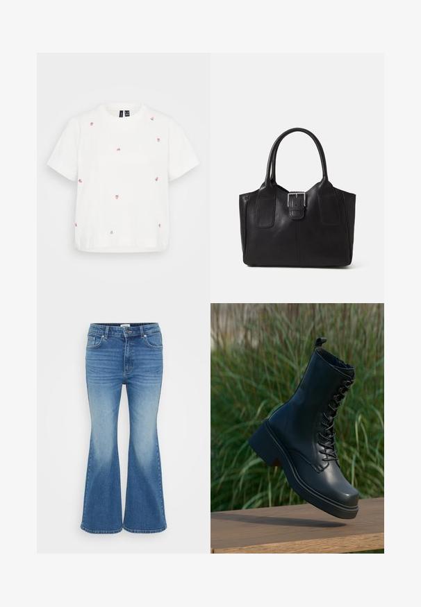 White cotton t-shirt with short sleeves featuring multiple embroidered small strawberries in pink and green. Relaxed fit, crew neckline.; Flared blue denim jeans with a mid-rise waist, featuring five pockets and faded detailing, made from durable cotton fabric.; Black leather ankle boots with a round toe, lace-up front, and thick, chunky heel. Features detailed stitching and a smooth surface texture.; Black leather tote bag with smooth texture, structured shape, two handles, and a prominent silver buckle detail on the front.; Silver double-band ring with a smooth, polished surface. Features a fluid, curved design with overlapping sections for a modern look.