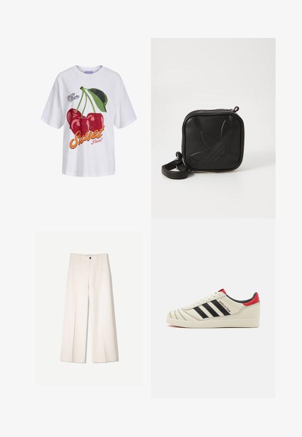 Bílý T-shirt s grafikou červených třešní se zelenými listy a textem "Sladké ovoce" v oranžové a růžové barvě. Bavlněný materiál, volný střih.; Krémové široké kalhoty s tailored designem, které mají dvě přední kapsy a jedno zapínání na knoflík vpředu, vyrobené z hladkého materiálu.; Krémové kožené tenisky s černými pruhy, červenými akcenty na patě a texturovanými detaily. Mají gumovou podrážku a šněrování.; Černá crossbody taška vyrobená z texturovaného syntetického materiálu. Obsahuje embosované logo a nastavitelné popruhy. Zapínání na zip.