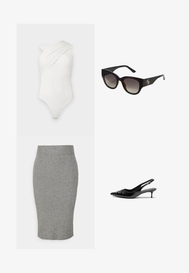 Biely body s prekrývajúcim dizajnom, vyrobené z hladkej, elastickej látky; obsahuje zhromaždené detaily vpredu a patentku na spodnej časti.; Sivá ryhovaná pletená ceruzková sukňa s priliehajúcim siluetou, ktorá má elastický pás a jemnú textúru. Sukňa je strednej dĺžky.; Čierne kožené slingback podpätky s ostrou špičkou, malým podpatkom a dekoratívnym uzlom vpredu. Hladký povrch po celom obvode.; Rámiky slnečných okuliarov v korytnačkovom vzore s nadrozmernými obdĺžnikovými rámami, gradientnými sklami a zlatým logom na ramene. Hladký plastový materiál.; Sivý pruhovaný crop top a olivovo zelená sukňa s vysokým pásom. Model drží bielu ramennú tašku s vyrezávanými detailmi. Jednoduchý dizajn, priliehavý strih.