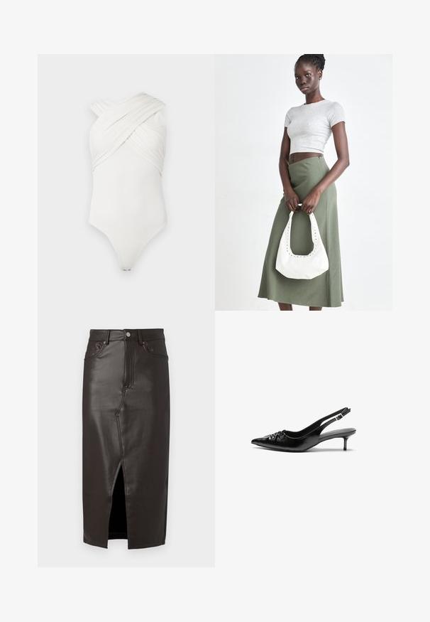 Balts bodijs ar pārrobežu dizainu, izgatavots no gludas, elastīgas auduma; satur sakausētas detaļas priekšpusē un snap aizdari apakšā.; Brūna ādas midi svārki ar priekšējo slēdzeni, piecu kabatu dizains un metāla pogas aizdare. Gluda tekstūra un piegriezuma piemērotība.; Melni ādas sandales ar norādītu pirkstu, mazu kaķa papēdi un dekoratīvu mezglu detaļu priekšā. Gluda tekstūra visā virsmā.; Pelēks ribots īsais tops un olīvzaļš augstās vidukļa svārki. Modelis tur baltu plecu somu ar izgriezumiem. Vienkāršs dizains, pieguloša silueta.