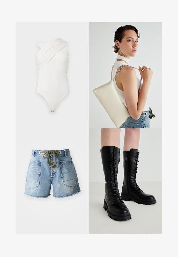 Witte bodysuit met een kruisdraai ontwerp, gemaakt van gladde, rekbare stof; heeft geplooide details aan de voorkant en een drukknoopsluiting onderaan.; Lichtblauwe denimshorts met een verfrommeld zoom. Beschikt over twee achterzakken en een trekkoord met zilveren bevestigingen voor een verstelbare pasvorm.; Zwarte leren kniehoge laarzen met een vetersluiting aan de voorkant, een zijrits, een stevige rubberen zool en gestructureerde details op de bovenkant.; Witte rechthoekige clutch tas gemaakt van glanzend materiaal, met een zilveren kettingband. Model poseert en toont de tas tegen een effen achtergrond.