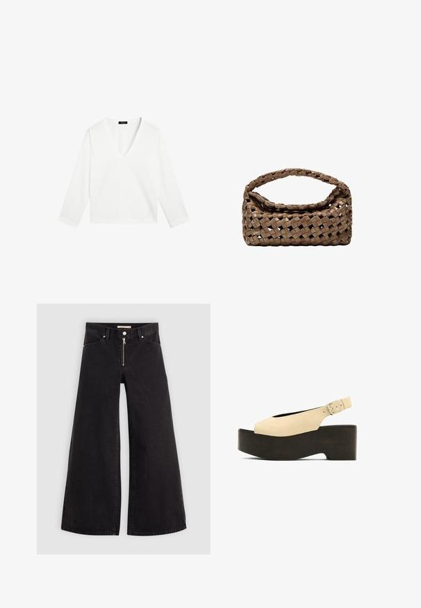Massimo Dutti - Bluzka z długim rękawem; Jeans o szerokich nogawkach w czarnym denienie z zamkiem błyskawicznym z przodu, pięcioma kieszeniami i subtelnymi detalami przeszycia. Gładka tekstura i swobodny styl.; Beżowe zamszowe sandały na platformie z otwartym palcem, z tylnym zapięciem i ciemną drewnianą podstawą, wyposażone w metalową klamrę do regulacji.; Wpleciony brązowy torebka o prostokątnym kształcie, z wyraźnym uchwytem i teksturowaną powierzchnią. Posiada zamknięty górny zamek oraz skomplikowany wzór plecionki.