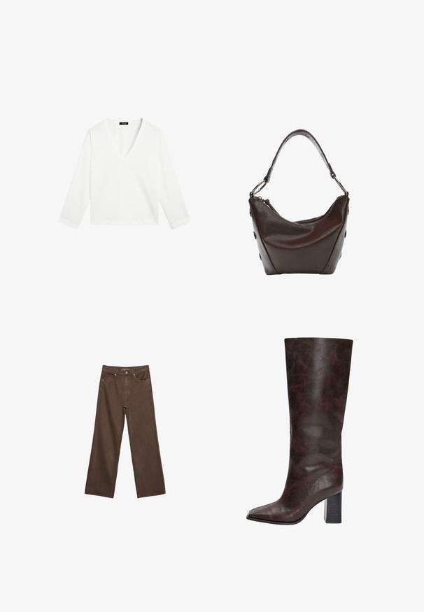 Massimo Dutti - Bluzka z długim rękawem; Szerokie brązowe dżinsy wykonane z denimu, z wysokim stanem, przednimi kieszeniami i klasycznym zapięciem na guzik. Gładka faktura z subtelnym przeszyciem.; Brązowe, sztuczne skórzane kozaki do kolan z ostrym noskiem, teksturowaną powierzchnią i masywnym czarnym obcasem. Gładkie wykończenie, minimalne detale.; Ciemnobrązowa skórzana torebka o zaokrąglonym kształcie, zamykana na zamek błyskawiczny, z krótkim uchwytem. Posiada metalowe elementy i ozdobne czarne guziki po bokach.