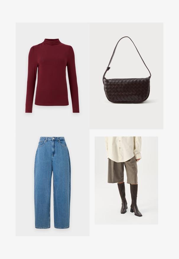 Burgundia pikkade varrukatega top, millel on faux kaelus, sile tekstuur, õrnad õlavarre ploome ja tagasihoidlik siluett. Valmistatud venivast kangast.; Heledad denim püksid, sirge sääre lõikega, kõrge vöökoht ja eesmine nuppe sulgemine. Omab viit taskut ja minimaalseid õmblusdetailide.; Prune põlve kõrgused saapad ruudukujulise varbaga ja ploki kontsaga, kombineeritud beeži ülerööpimisega särgi ja pruunide ruuduliste lühkede pükstega.; Kootud nahast õlavarre kott tumepruunis, kumerate joontega, reguleeritava rihmaga ja siledas viimistluses. Kompaktne disain, millel pole nähtavat riistvara.