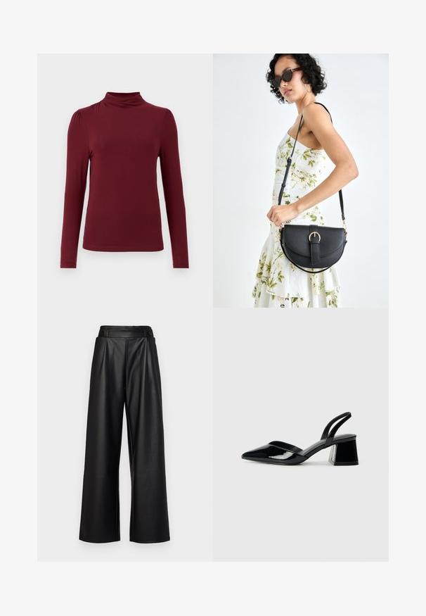Bordeauxfarbenes langärmliges Oberteil mit einem Stehkragen, glatter Textur, dezenten Schulterfalten und figurschmeichelndem Schnitt. Hergestellt aus elastischem Material.; Schwarze, weit geschnittene Hosen aus Leder mit hoher Taille, Falten und zwei runden Knöpfen an der Vorderseite zum Verschließen.; Schwarze Lackleder-Slingback-High Heels mit spitzem Schuh und einem geometrischen Blockabsatz. Verfügt über ein schlankes, minimalistisches Design und eine glatte Textur.; Schwarze Lederhandtasche mit geschwungener Form, abnehmbarem Tragegurt und goldenen Beschlägen. Die Tasche verfügt über einen Deckel mit einer Schnallen-Details.