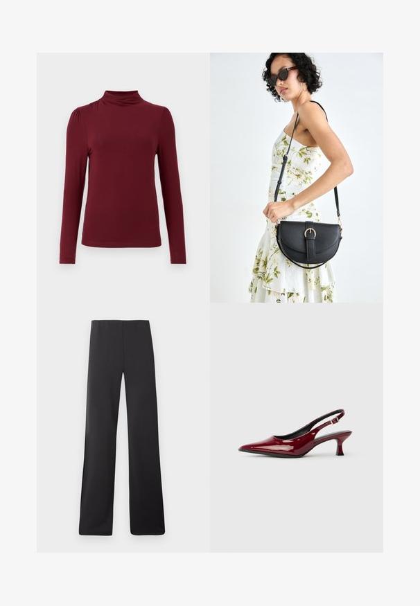 Burgundy long-sleeve top with a mock neck, smooth texture, subtle shoulder pleats, and fitted silhouette. Crafted from stretchy fabric.; Black wide-leg trousers made of smooth fabric, featuring a high waist and full-length design with no visible patterns or hardware.; Burgundy patent leather slingback heels with a pointed toe and a sleek stiletto heel. Open back design with adjustable ankle strap detail.; Black leather handbag with a curved shape, detachable strap, and gold hardware. The bag features a flap with a buckle detail.