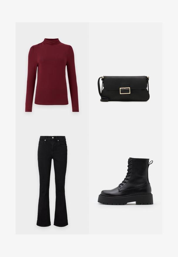 Burgundijas ilgu piedurkņu tops ar augstu apkakli, gludu tekstūru, smalkām plecu drapējuma detaļām un pieguļošu siluetu. Izgatavots no elastīga auduma.; Melni zvilnēti džinsi ar izplestiem iekšējiem galiem, ar vidēju vidukļa augstumu, priekšējām kabatām un pogu aizdari. Gluda tekstūra ar minimālām šuvju detaļām.; Melni ādas potītēm zābaki ar apļveida purngalu, auklām priekšpusē un biezu gumijas zoli ar teksturētu protektoru. Velkšanas cilpa aizmugurē.; Melnas ādas saķeres soma ar atloku un zelta metāla sprādzi. Ietver melnu siksnu un elegantu, minimālistisku dizainu.