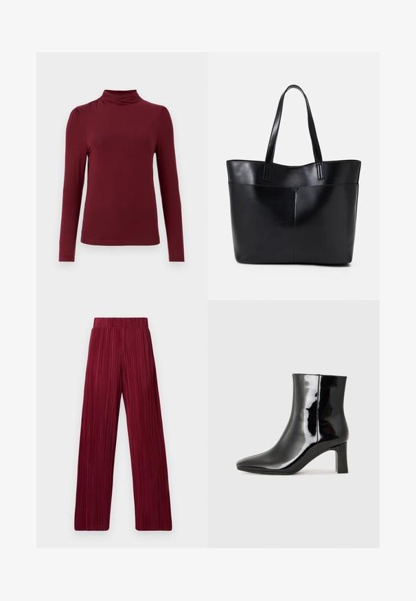 Bordeauxfarbenes langärmliges Oberteil mit einem Stehkragen, glatter Textur, dezenten Schulterfalten und figurschmeichelndem Schnitt. Hergestellt aus elastischem Material.; Bordeauxfarbene, plissierte, weite Hosen mit elastischem Bund. Der strukturierte Stoff weist vertikale Streifen auf. Gerader Schnitt bis zum Saum.; Schwarzer Lackleder-Stiefelette mit spitzer Zehe und einem mittelhohen Blockabsatz. Glatte Textur und minimalistisches Design.; Schwarze Leder-Shopper-Tasche mit zwei langen Griffen, einer glatten Textur und einer strukturierten Form. Verfügt über eine Vordertasche für zusätzlichen Stauraum.