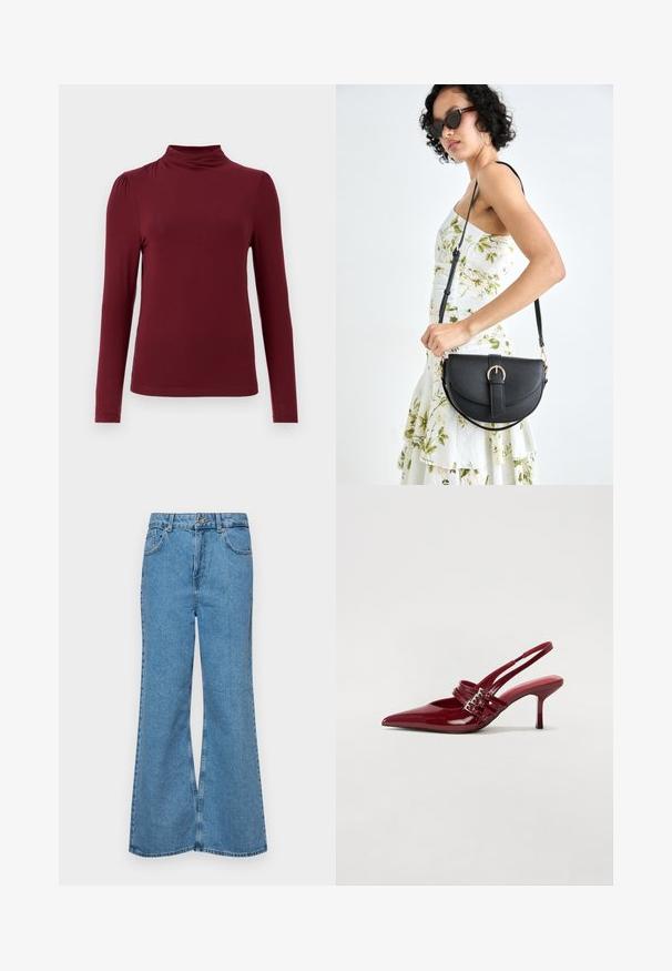 Burgundijska majica dugih rukava s visokim ovratom, glatke teksture, suptilnim naborima na ramenima i prilagođenom siluetom. Izrađena od rastezljivog materijala.; Svijetloplave traperice s flared nogavicama, visokog struka, s pet džepova i jednim dugmetom za zatvaranje. Mekani materijal s izblijedjelim izgledom.; Crvene patent kožne sandale s upetačom, oštrim vrhom, dva remena s kopčama i tankim, srednje visokim štiklama. Glatka tekstura.; Crna kožna torba s lukovitim oblikom, odvojivim remenom i zlatnim detaljima. Torba ima preklop s kopčom.