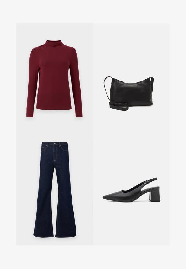 Burgundy pitkähihaine paita, jossa on mock-neck, sileä pinta, hienovaraiset olkataskut ja tiukka siluetti. Valmistettu joustavasta kankaasta.; Tummansininen levenevä farkkuhousut, joissa on korkea vyötärö, etutaskut ja kultaiset ommellekoristeet. Suora tekstuuri ja perinteinen leikkaus.; Mustat nahkaiset slingback-korkokengät, joissa on terävä kärki ja paksu palkeellinen korko. Ominaisuuksiin kuuluu säädettävä hihna metallisoljella.; Musta nahkainen olkalaukku, jossa on sileä pinta, kaareva muoto, säädettävä hihna ja vetoketjukiinnitys. Minimalistinen muotoilu ilman koristeita.