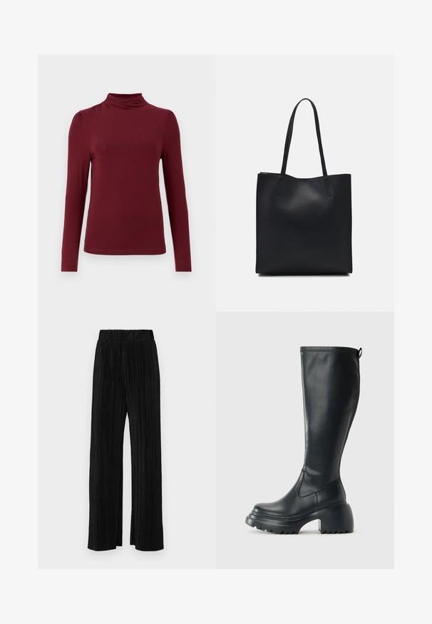 Burgundi ilgos rankovės marškinėliai su imitacine apykakle, lygiu paviršiumi, subtiliomis pečių raukšlėmis ir prigludusia siluetu. Pagaminti iš tamprios medžiagos.; Juodi plisuoti kelnės su elastine juosta. Turėkite plačias kojas ir glotnų, tekstūrinį audinį su vertikaliais dryžiais.; Ilgas juodos odinės batai su masyvi platforma ir stačiakampiu kulnu, turintys traukimo kilpą ir tekstūruotą pado raštą.; Juodas odinis tote krepšys su lygia tekstūra, stačiakampio formos ir dviem ilgais rankenomis. Matomų metalinių detalių ar puošybos nėra.