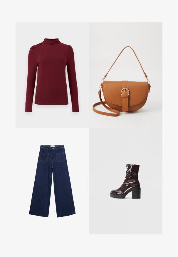 Burgundy pitkähihaine paita, jossa on mock-neck, sileä pinta, hienovaraiset olkataskut ja tiukka siluetti. Valmistettu joustavasta kankaasta.; Tummansinisiä leveälahkeisia farkkuja, joissa on korkea vyötärö, neljä taskua ja näkyviä ompelutietoja. Sileä pinta klassisella leikkauksella.; Satea bordeaux berwarna mengkilap dengan tumit hitam tebal, menampilkan tekstur halus dan desain sederhana. Tanpa pengikat atau pola yang terlihat.; Ruskean nahkainen olkalaukku, jossa on kaareva muoto, kultaiset yksityiskohdat ja solkiyksityiskohta. Varustettu irrotettavalla olkahihnalla.