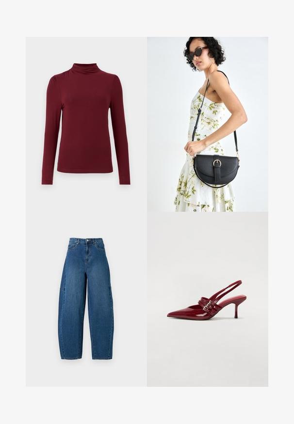 Burgundia pikkade varrukatega top, millel on faux kaelus, sile tekstuur, õrnad õlavarre ploome ja tagasihoidlik siluett. Valmistatud venivast kangast.; Keskmise sinise tooniga teksad, millel on kõrge talje, lai jalaliik ja standardne viie taskuga disain koos nähtavate õmbluste detailidega.; Punased lakknahast slingback kontsad, millel on terav varvas, kaks luku rihma ja saledat, keskmise kõrgusega stiletto kontsad. Sile tekstuur.; Mustmust mustraha kõverate joontega, eemaldatava rihmaga ja kuldsete detailidega. Kotil on klapp, millel on pandladetail.