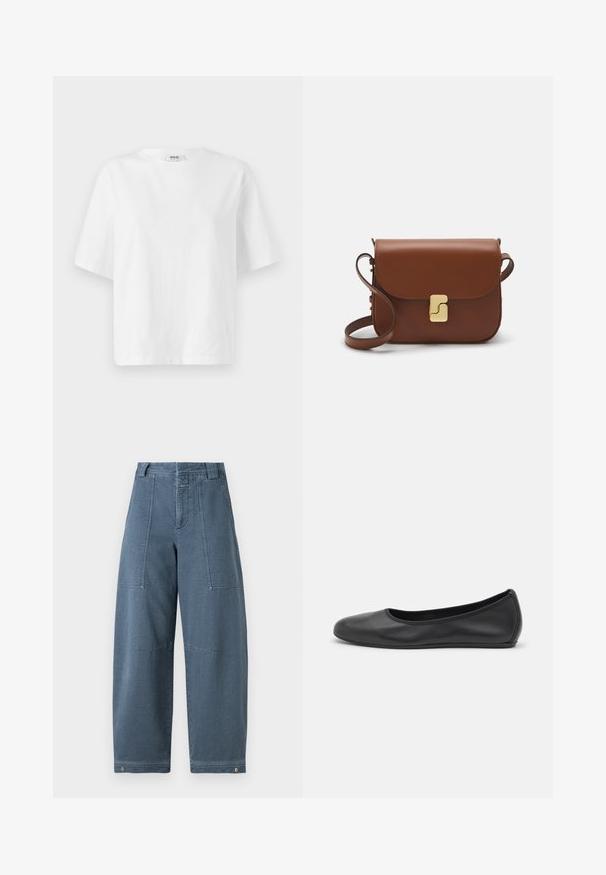White short-sleeve t-shirt made from cotton, featuring a crew neckline and a loose, boxy fit with minimal stitching details.; Denim wide-leg pants in a light blue shade, featuring a textured surface, two front pockets, and durable stitching at the hem.; Black leather ballet flat with a rounded toe, smooth texture, minimal stitching detail, and a flexible sole design.; Brown leather handbag with a flap closure, gold-tone hardware, a shoulder strap, and a smooth texture. Compact rectangular shape.