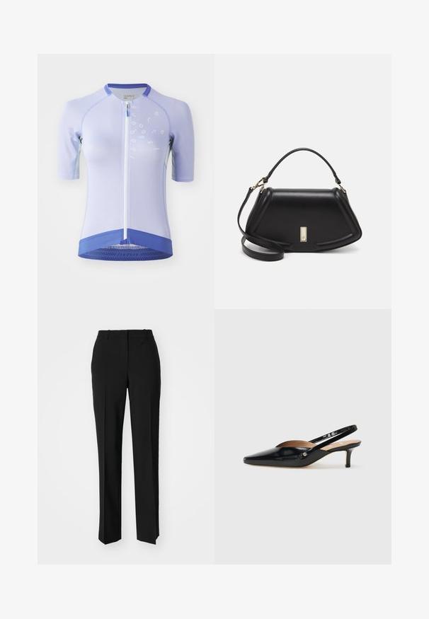 Korte mouwen fietsjersey in lichtpaars, met een halve rits aan de voorkant, een mesh-textuur en donkerpaarse accenten aan de onderrand en kraag.; Zwarte op maat gemaakte broek met een recht model, voorzien van een soepele textuur en scherpe plooien aan de voorkant. Geen zichtbare hardware.; Zwarte lakleren slingback pump met een puntige neus, kleine hak en een uitsnijd ontwerp op de wreef. Goudkleurige accenten aan de zijkant.; Zwarte leren handtas met een gestructureerd ontwerp, featuring een verkorte vorm, bovenhandvat en gouden hardwareaccent. Inclusief verstelbare schouderband.