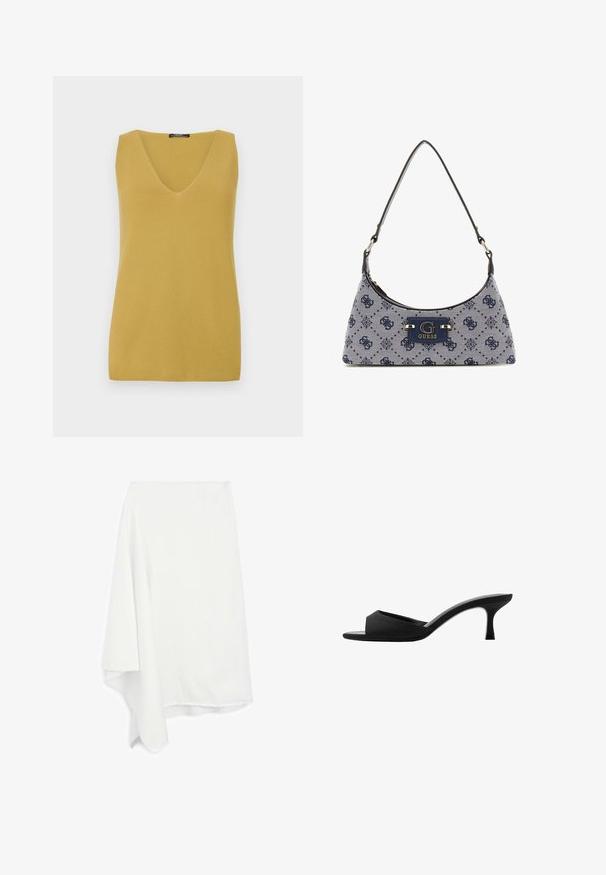 Senfgelbes ärmelloses Oberteil mit V-Ausschnitt, aus einem strukturierten Strickmaterial gefertigt, mit einem schlichten, geraden Schnitt.; Asymmetrischer weißer Rock aus weichem, leichtem Material; ausgefranster Saum; glatte Textur; fällt auf einer Seite elegant.; Schwarze Absatzmules mit einer breiten, offenen Zehenpartie und einem geschwungenen Oberteil. Hergestellt aus strukturiertem Stoff, mit einem schlanken Absatz und einer glatten Sohle.; Hobo-Handtasche aus navyblauem Stoff mit einem Diamantmuster, ausgestattet mit einem Logo-Schild und einem glatten Schultergurt. Strukturiert Oberfläche.