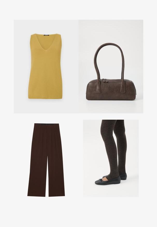 Sennepsgulfarget ermeløs topp med V-hals, laget av et strukturert strikket materiale, med et enkelt, rettkuttet design.; Brune vide benbukser med plisseringer. Laget av et glatt stoff, med skjært midjebånd og sidelommer. Flat kant nederst.; Sorte flate sko med en liten sløyfedetalj på tåen, kombinert med mørkebrune ribbede strømpebukser. Skoene har en glatt overflate og lav profil.; Brun lærveske med to robuste håndtak, rektangulær form, jevn tekstur og glidelås. Minimalistisk design uten synlige mønstre.
