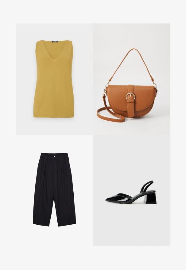 Mustard yellow sleeveless top with a V-neckline, made from a textured knit material, featuring a simple, straight-cut design.; Black polyester culotte pants with an elastic waistband, two front pleats, and a loose silhouette. No visible patterns or hardware details.; Black patent leather slingback heels with a pointed toe and a geometric block heel. Features a sleek, minimal design and smooth texture.; Brown leather crossbody bag with a curved shape, gold hardware, and a buckle accent. Features a detachable shoulder strap.