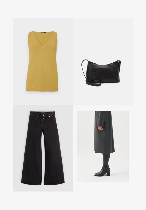 Top senza maniche color giallo senape con scollatura a V, realizzato in un materiale a maglia testurizzato, caratterizzato da un design semplice e dritto.; Jeans a gamba larga in denim nero con chiusura a zip, design a cinque tasche e dettagli di cucitura sottili. Texture morbida e stile casual.; Cappotto grigio su misura con taglio dritto; abbinato a stivali in pelle nera al ginocchio con punta quadrata e tacco grosso.; Borsa a spalla in pelle nera con una texture liscia, forma curva, tracolla regolabile e chiusura con zip. Design minimalista senza ornamenti.