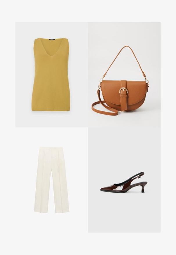 Mustard yellow sleeveless top with a V-neckline, made from a textured knit material, featuring a simple, straight-cut design.; Wide-legged trousers in a light cream color. Made from a smooth fabric with pleats at the front and side pockets.; Brown patent leather slingback shoe with a pointed toe and a moderate heel. Features a buckle strap for secure fit. Smooth texture.; Brown leather crossbody bag with a curved shape, gold hardware, and a buckle accent. Features a detachable shoulder strap.