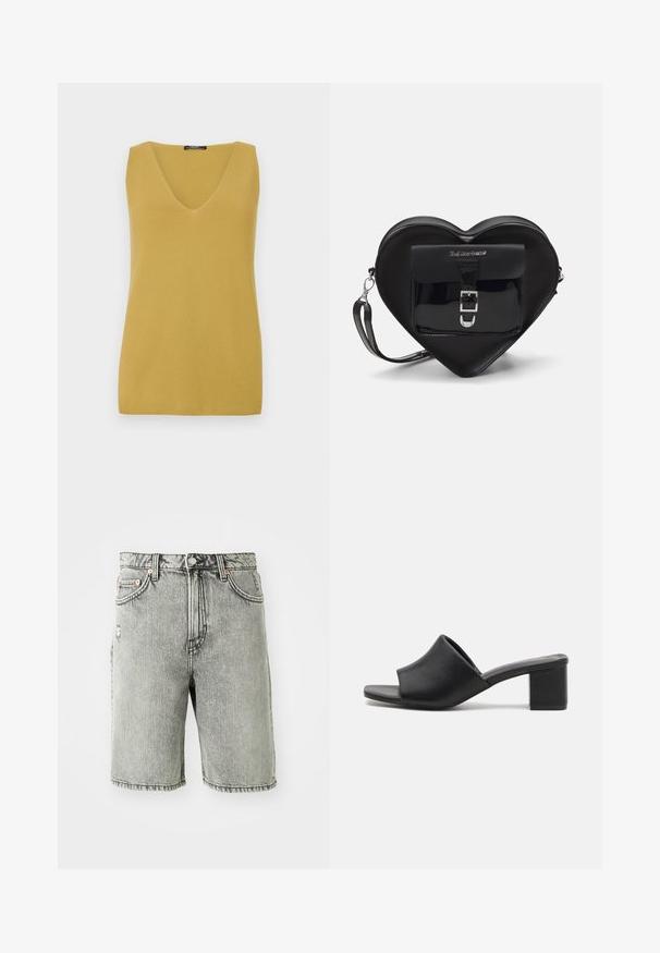 Sennepsgul ærmeløs topp med V-hals, lavet af et tekstureret strikmateriale, med et simpelt, lige snit.; Grå denim shorts med et klassisk fem-lomme design, en slidt finish og syet detaljering ved kanten og taljen.; Sorte læder mules med blokhæl og åben tå, med en glat overflade og let buet overdelsdesign for komfort og stil.; Sort hjertetask lavet af patentlæder med en frontlomme, der har en spænde-lukning og en aftagelig rem. Sølv hardware accenter.