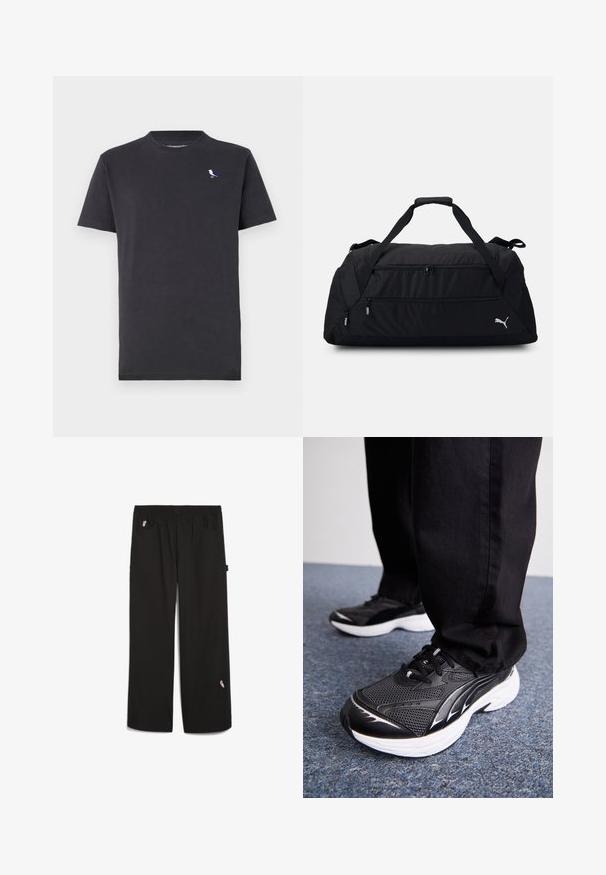Juodas medvilnės marškinėliai su apvaliu kaklu ir trumpomis rankovėmis, kairėje krūtinės pusėje esantis mažas daugiakraštis paukščio logotipas.; Juodos kelnės su elastinga juostele, dviem priekinėmis kišenėmis ir maža siuvinėta detale ant apatinės kojos. Pagaminta iš lengvos medžiagos.; Juodos sportinės bateliai su tinklelio audiniu, baltais padais ir juodais akcentais. Padu paviršius yra tekstūruotas. Nešiojami su juodomis kelnėmis ant mėlyno kiliminio paviršiaus.; Juodas sportinis krepšys, pagamintas iš tvirto audinio, su dviem užtrauktukais uždaromomis kišenėmis, paminkštintomis rankenomis ir baltu Puma logotipu šone.