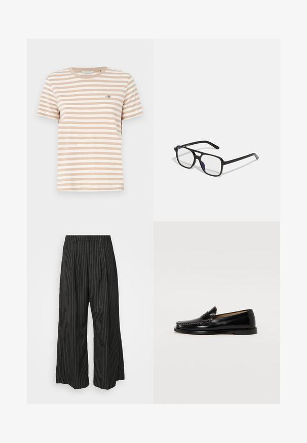Šviesiai smėlinės ir baltos juostelės marškinėliai su apvaliu kaklu, trumpomis rankovėmis ir mažuoju logotipu ant kairės krūtinės. Minkšta medvilnės medžiaga.; Juodos dryžuotos plačios kojos kelnės su klostėmis, turinčios pritaikytą dizainą ir minkštą tekstūrą. Nėra matomų metalinių detalių ar akcentų.; Juodi odiniai loaferiai su apvaliu pirštu, dekoratyviniu siuvinėjimu ir plokščiu padu. Glotnus paviršius ir minimalistinis dizainas.; Juodo stačiakampio formos akinius su skaidriais lęšiais ir subtiliu purpuriniu tonu, turinčius elegantiškas rankenas ir minimalistinį dizainą.