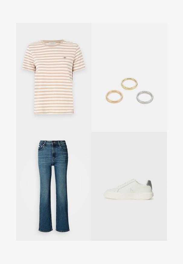 Beige and white striped T-shirt with a crew neckline, short sleeves, and a small logo on the left chest. Soft cotton material.; High-waisted blue jeans made of denim, featuring a straight leg design, subtle fading, and a standard button and zipper closure.; White sneaker made of leather with a smooth texture, featuring a silver accent on the heel, flat sole, and minimalistic design.; Three metal rings: one rose gold, one gold with textured accents, and one silver, all with engraved branding on the inner band.