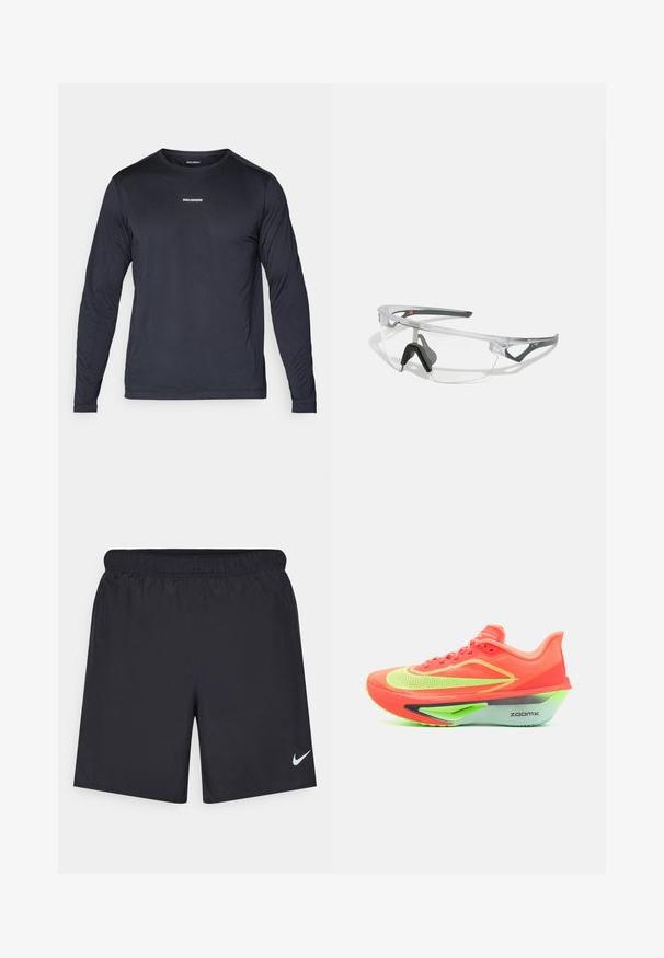 Langermet, marineblå treningstrøye laget av lett, pustende materiale med en teksturert overflate og en liten hvit logo på brystet.; Svart sportskjørt laget av lett materiale med elastisk linning. Har en liten hvit Nike-logo nederst til venstre.; Løpesko med en lys orange overdel, neon grønne detaljer, strømlinjeformet design og en karakteristisk grå og grønn såle, merket "ZOOMX."; Klare sikkerhetsbriller med en lett, gjennomsiktig ramme og grå detaljer. Har en innpakket design og justerbar nesestykke.