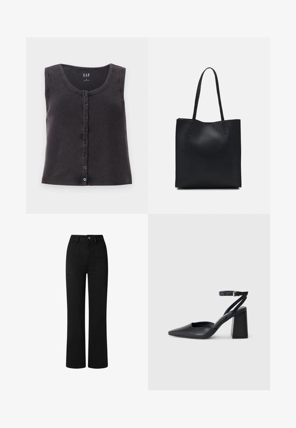 Dunkelgraues, geripptes, ärmelloses Oberteil mit rundem Ausschnitt und einer Knopfleiste. Das Design weist eine subtile Textur auf und hat sechs schwarze Knöpfe.; Schwarze, hochgeschnittene Hose mit geradem Bein, aus glattem Baumwollstoff. Mit frontalen Taschen und einem einfachen Metallknopfverschluss.; Schwarze Leder-Pumps mit spitzer Zehe, einem Knöchelriemen und einem blockigen Absatz. Flache Textur, elegantes Design und minimalistische Ästhetik.; Schwarze Laptoptasche aus Leder mit glatter Textur, rechteckiger Form und zwei langen Griffen. Keine sichtbaren Beschläge oder Verzierungen.