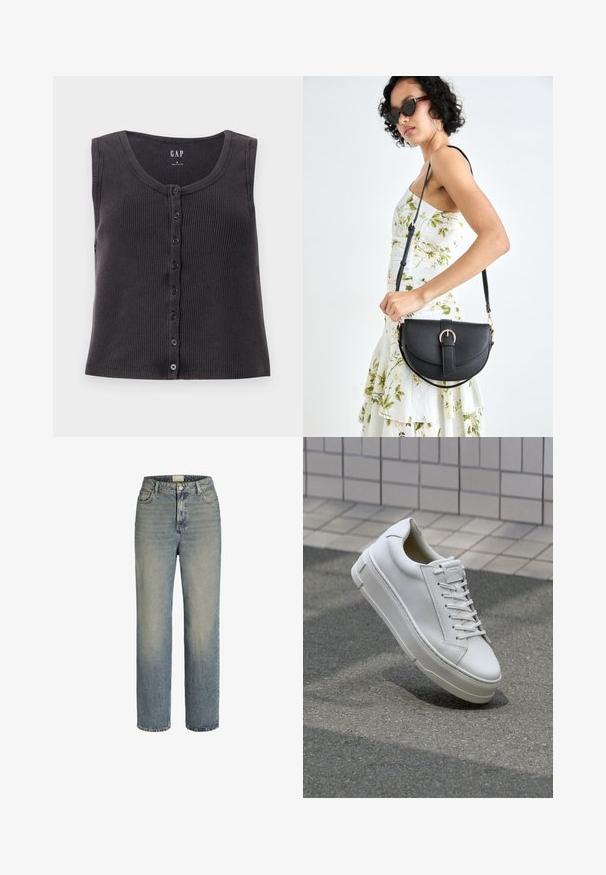 Mørkegrå, ribbestrikket ermeløs topp med rund halslinning og knapplukking foran. Designet har en subtil tekstur og seks svarte knapper.; Lyseblå denimjeans med rett ben, høy midje, fem-lomme stil og subtil falming. Har metallknapp og glidelås lukking.; Hvite lær sneakers med lav toppdesign, flate lisser, avrundet tå og teksturerte sider. Tykk gummisåle med subtile detaljer.; Svart lærveske med en buet form, avtagbar stropp og gullbeslag. Vesken har et klaff med spenne-detall.