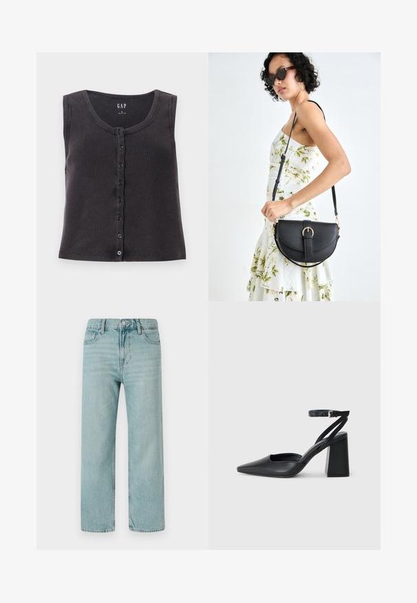 Top sem mangas acinzentado escuro com decote redondo e uma frente com botões. Os desenhos apresentam uma textura subtil e seis botões pretos.; Jeans de perna larga azul claro feitos de denim, apresentando um clássico design de cinco bolsos, linhas limpas e uma cintura regular com fecho de botão.; Sandal com biqueira afilada em couro preto, com cinta no tornozelo e salto grosso. Textura lisa, design elegante e estética minimalista.; Bolsa de couro preta com forma curva, alça destacável e detalhes em dourado. A bolsa possui uma aba com detalhe de fivela.